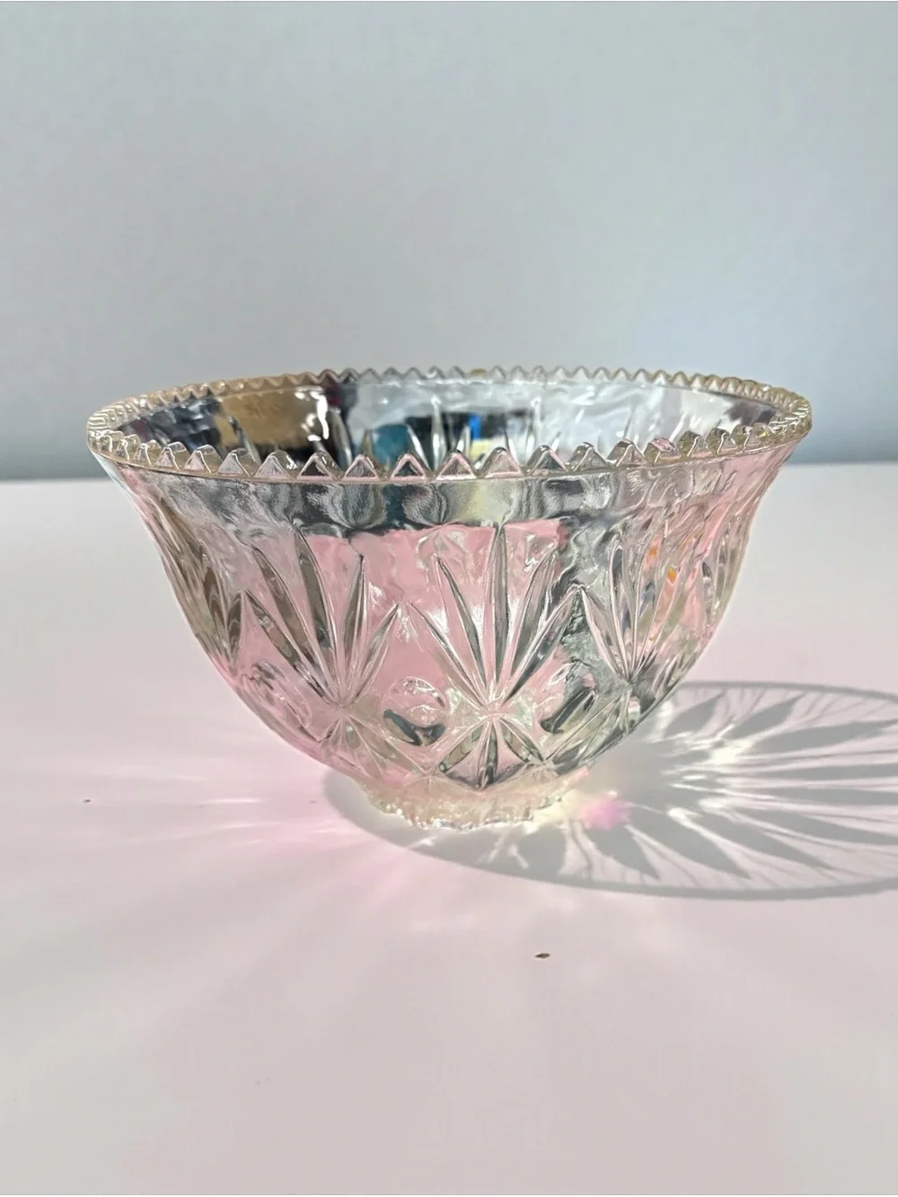 Pressed Glass Pink Centerpiece Bowl with Star Pattern